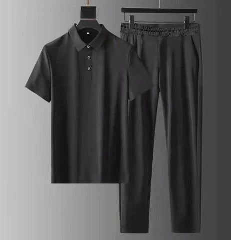 Herren Lässig Kordelzug Zweiteiler Polo Shirt Jogger Set