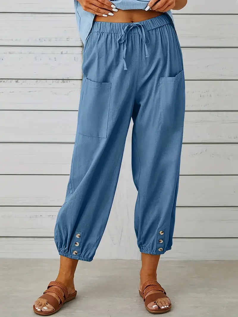 Damen Leichte Cropped Sommer Hose mit Kordelzug