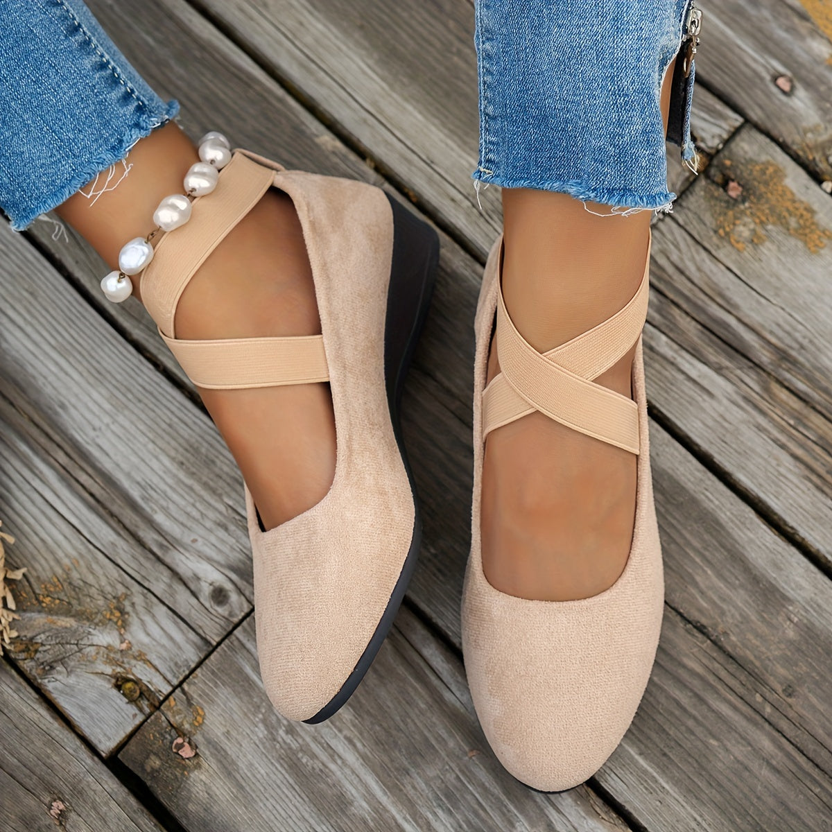 Damen Elegant Kreuzriemen Slip On Ballerina Schuhe