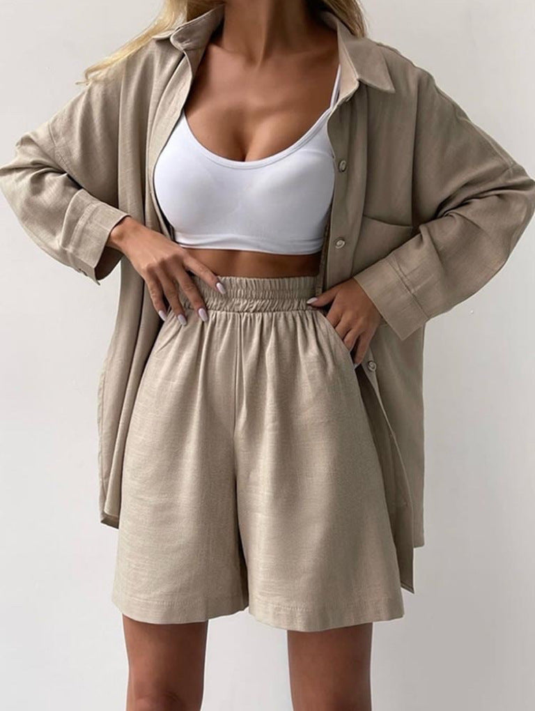 Damen Sommer Knopfleiste Zweiteiler Linen Set