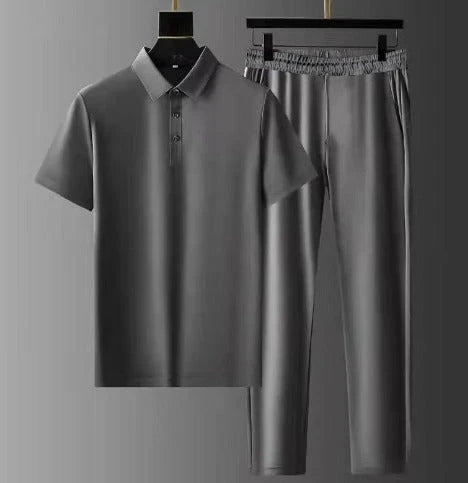 Herren Lässig Kordelzug Zweiteiler Polo Shirt Jogger Set