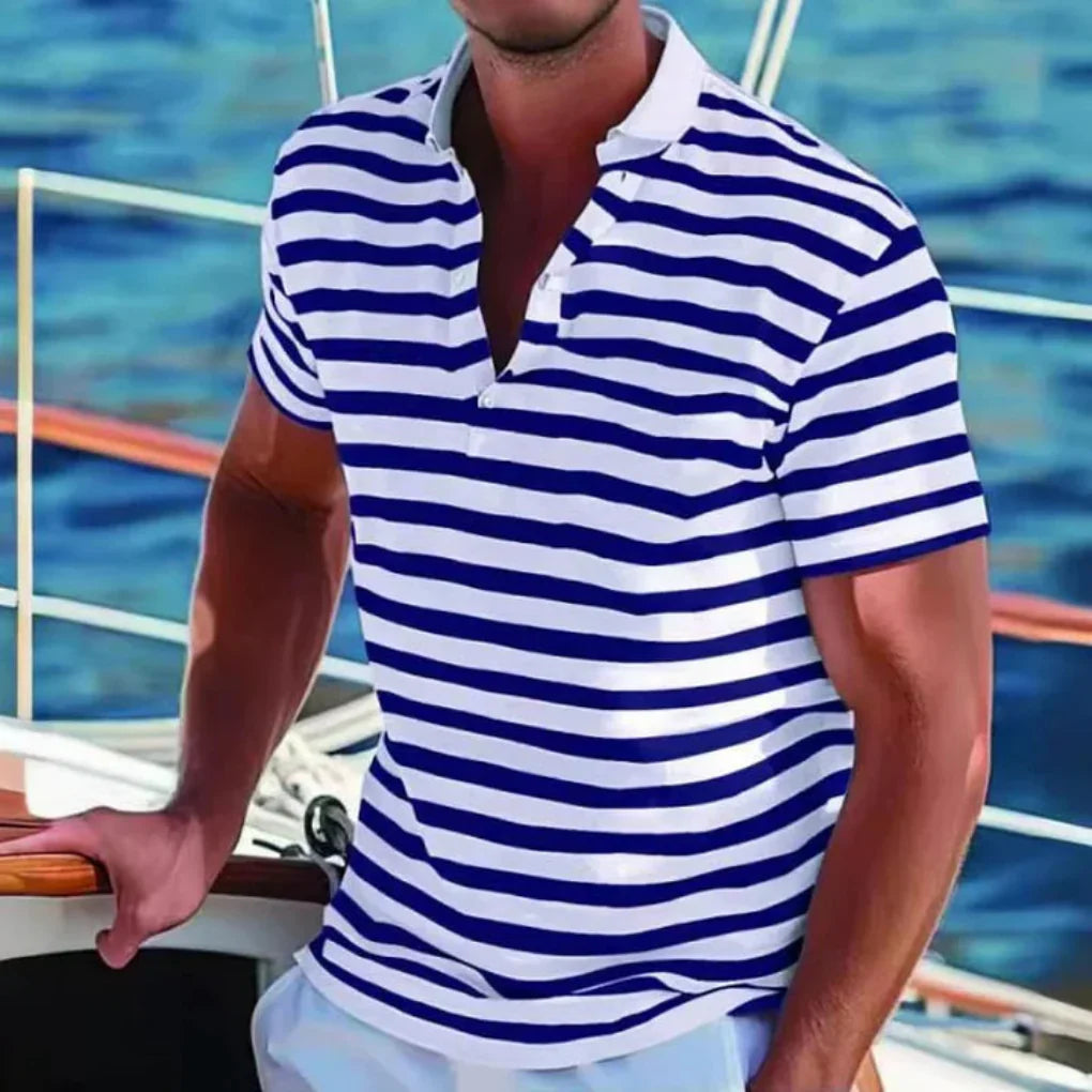 Herren Klassisch Streifen Knopfleiste Poloshirt