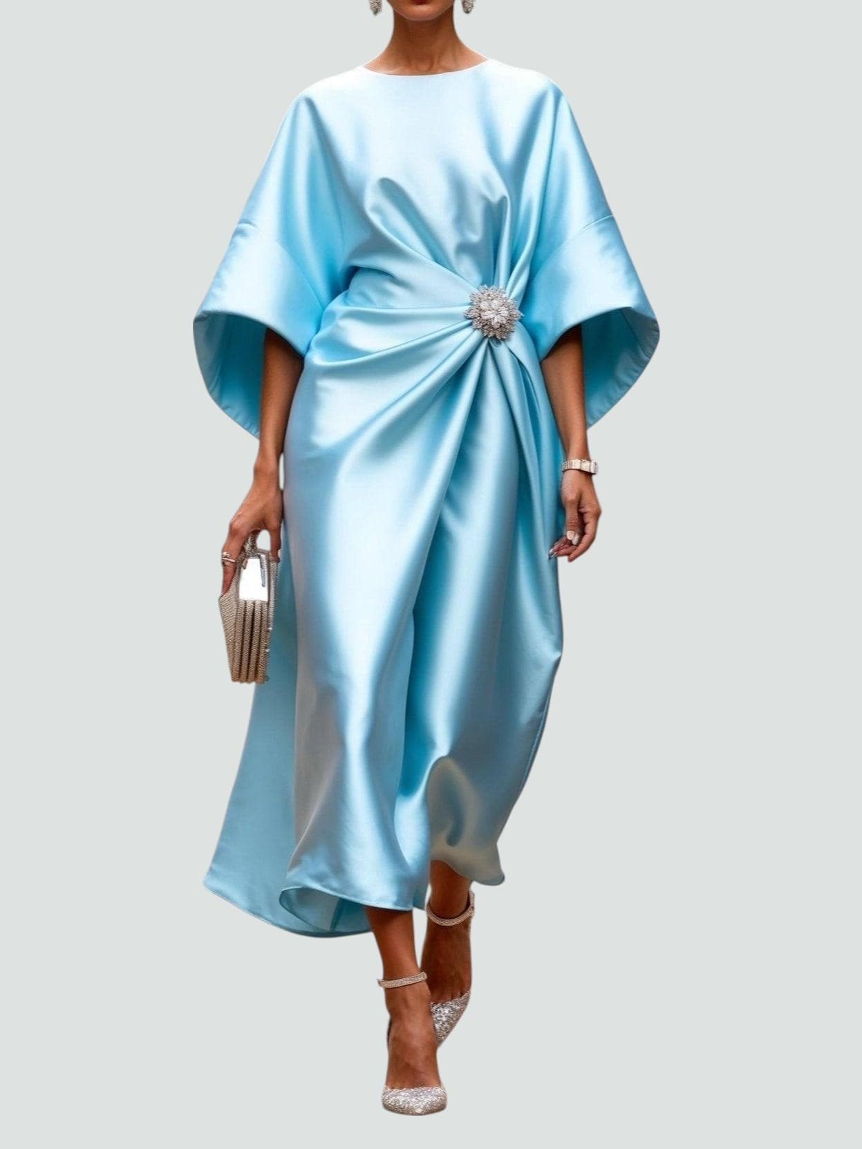 Damen Sommer Rundhals Satin Abend Maxikleid