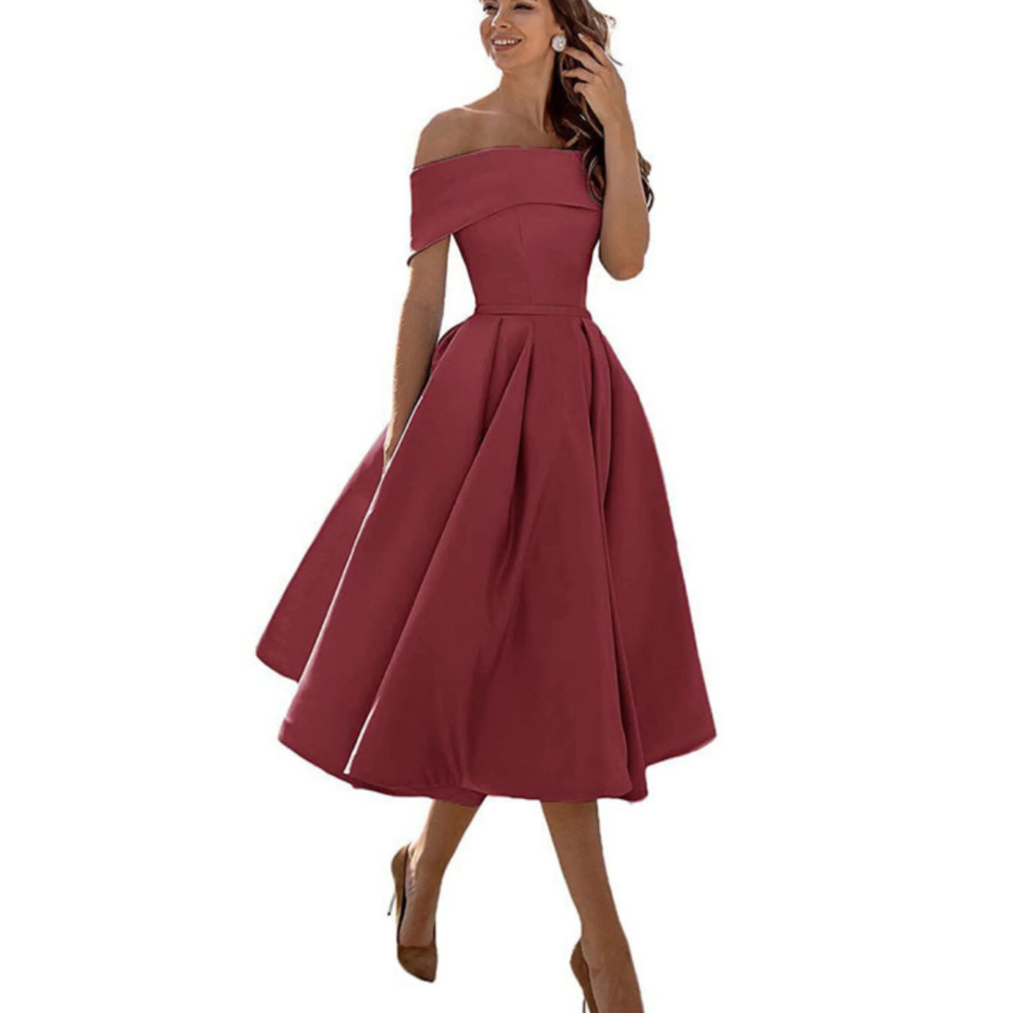 Damen Ein-Schulter Ausgestellt Midikleid