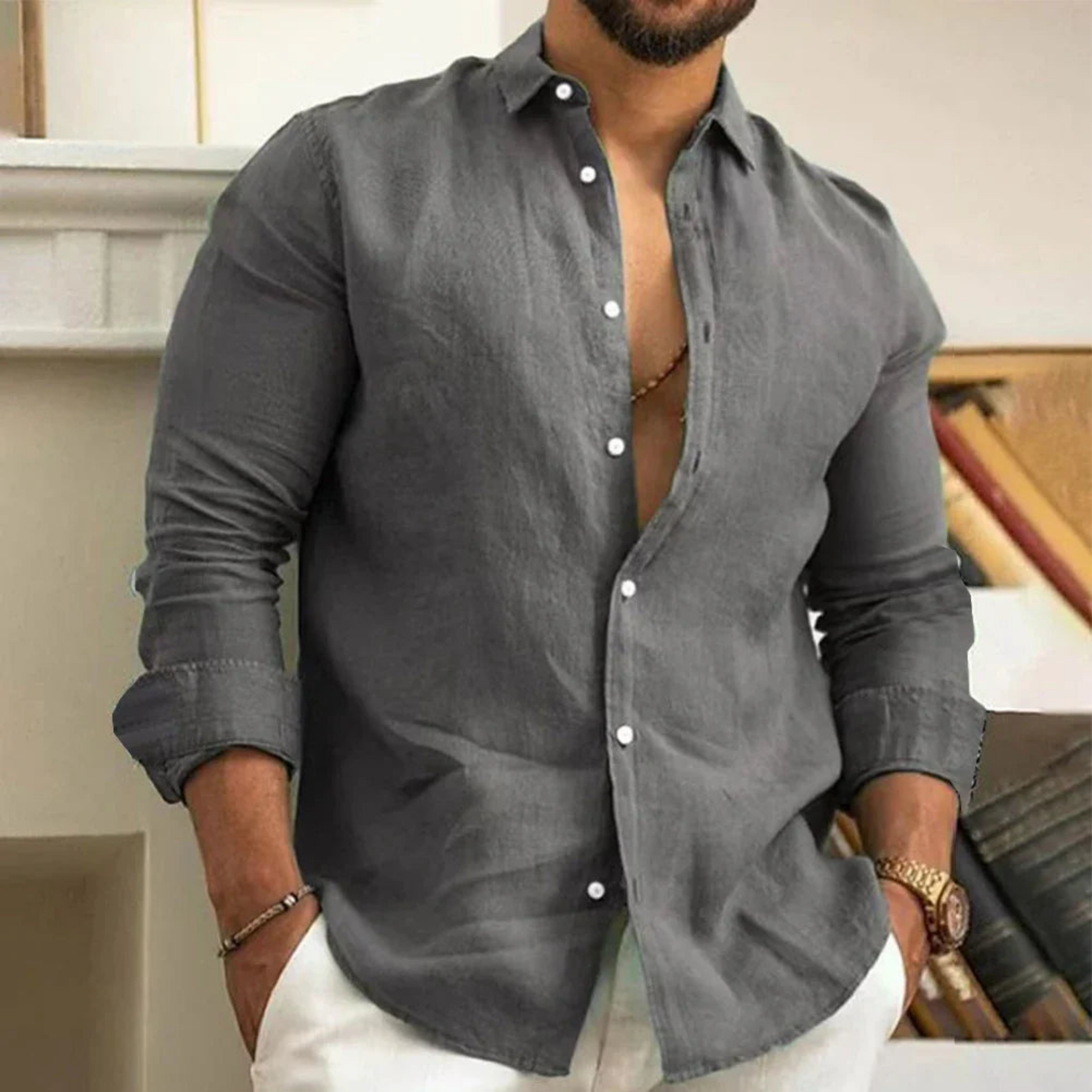 Herren Sommer Langarm Slim Fit Hemd
