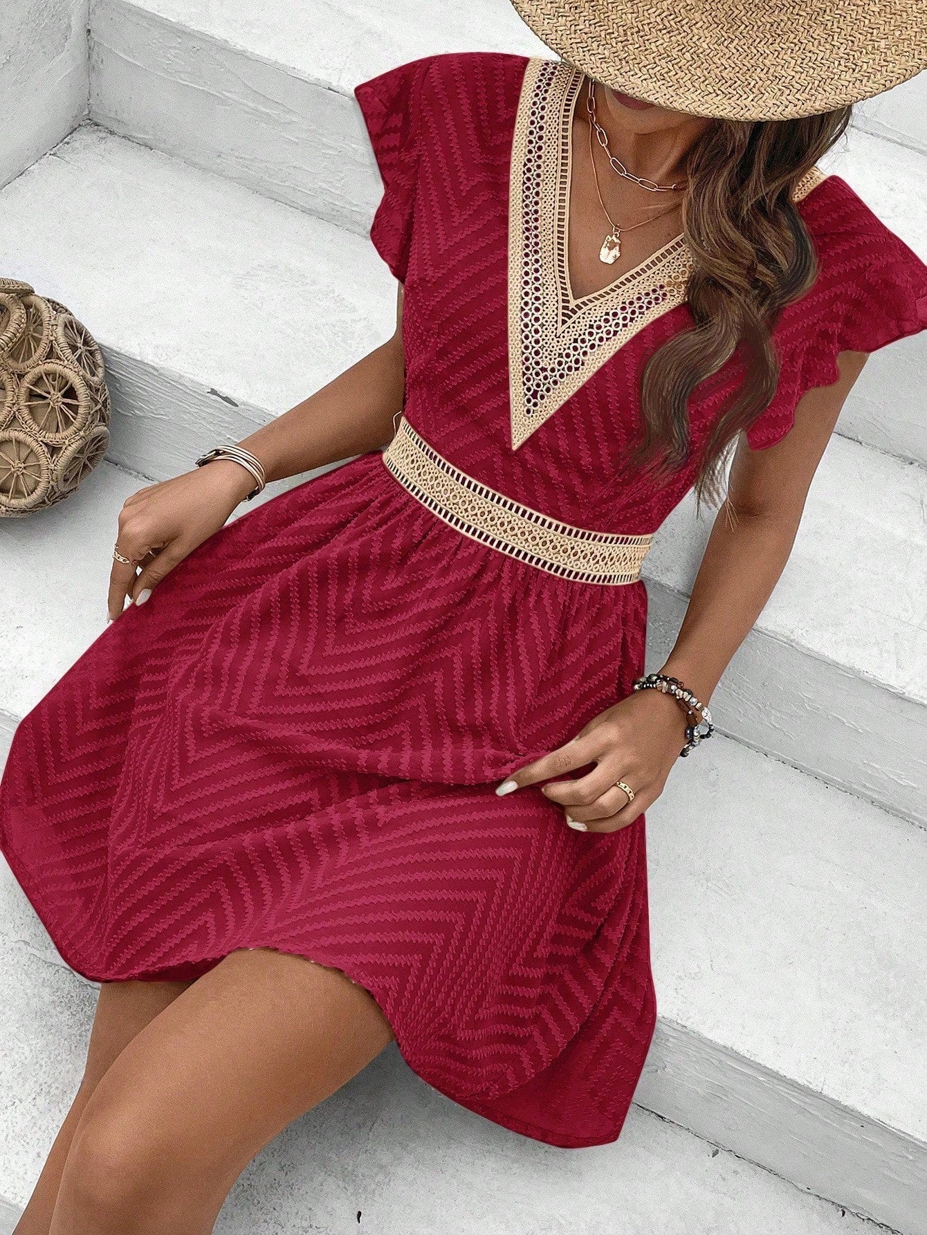 Damen Sommer V Ausschnitt Boho Midikleid
