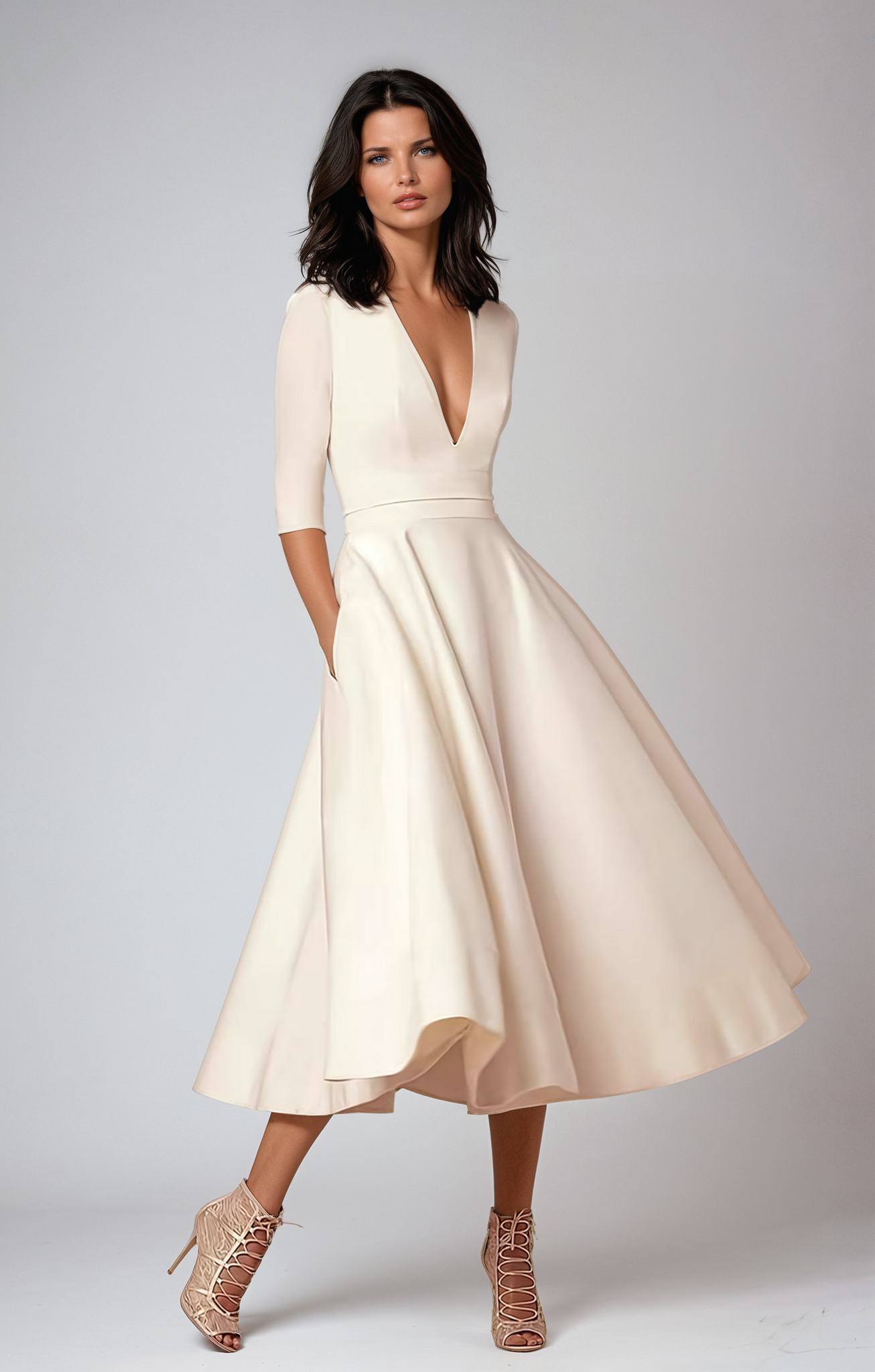 Damen Elegante V-Ausschnitt Hochzeitsgast Midikleid