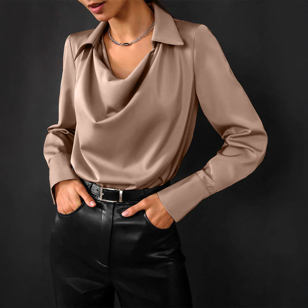 Damen Drapierter Langarm Satin Bluse
