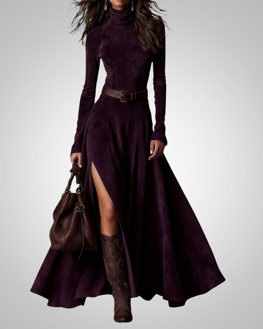 Damen Lässig Langarm Hoch Hals Maxikleid
