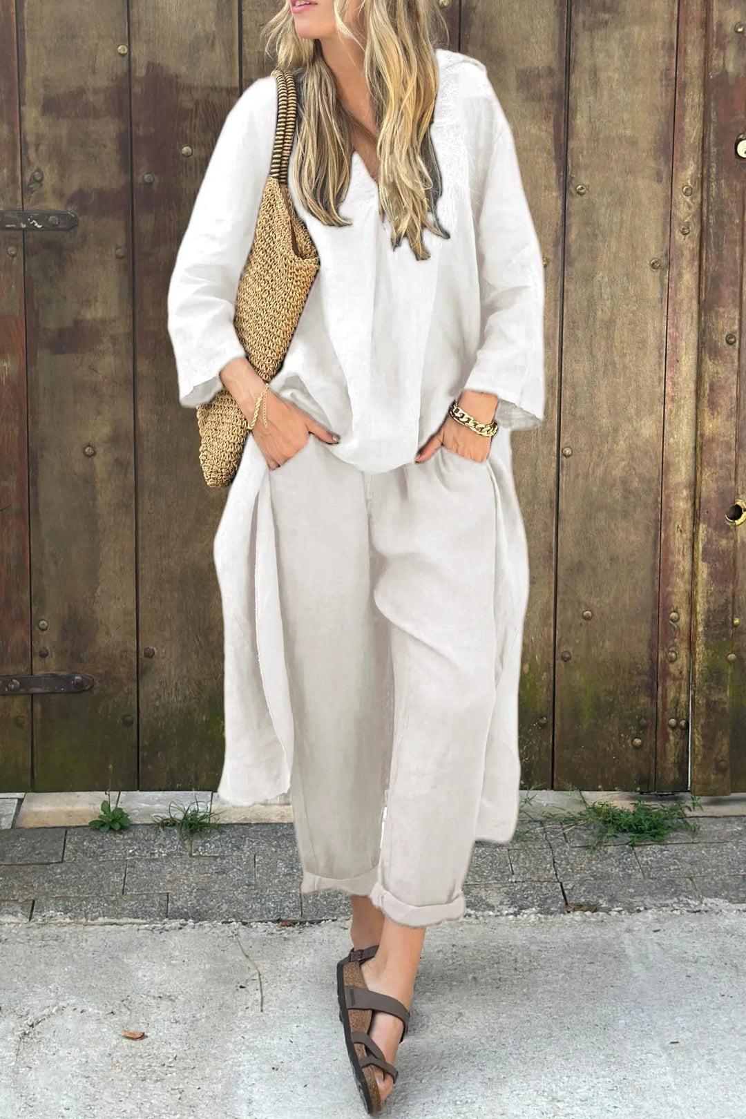 Damen Sommer Lockeres Leinen Zweiteiler Set