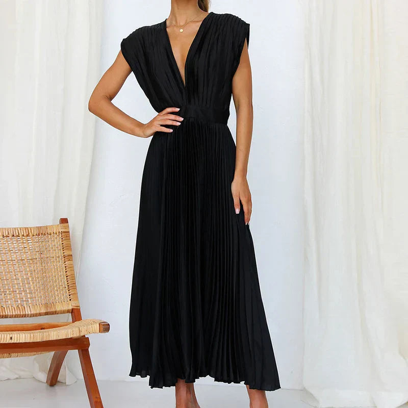 Damen Elegant Ärmellos Plissiert Maxikleid
