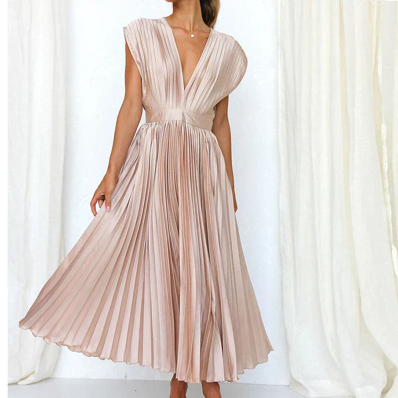 Damen Elegant Ärmellos Plissiert Maxikleid