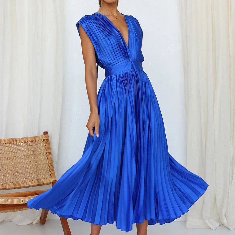 Damen Elegant Ärmellos Plissiert Maxikleid