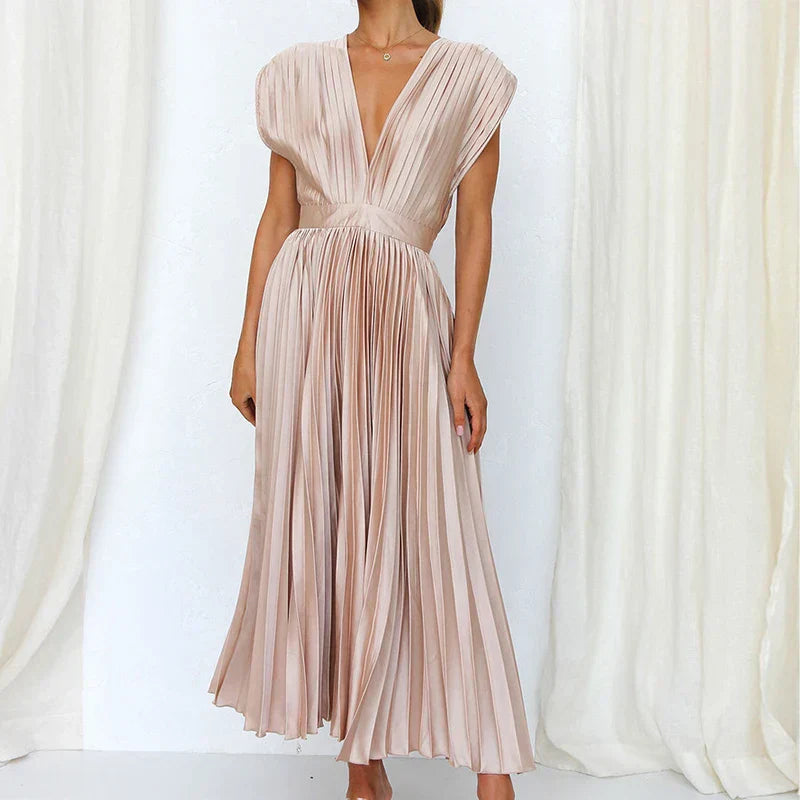 Damen Elegant Ärmellos Plissiert Maxikleid