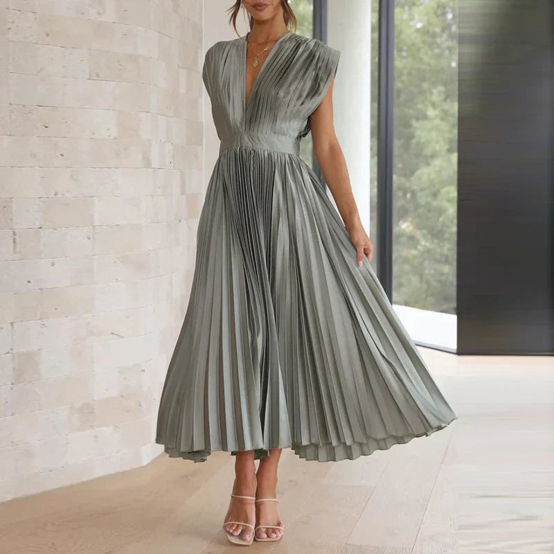 Damen Elegant Ärmellos Plissiert Maxikleid