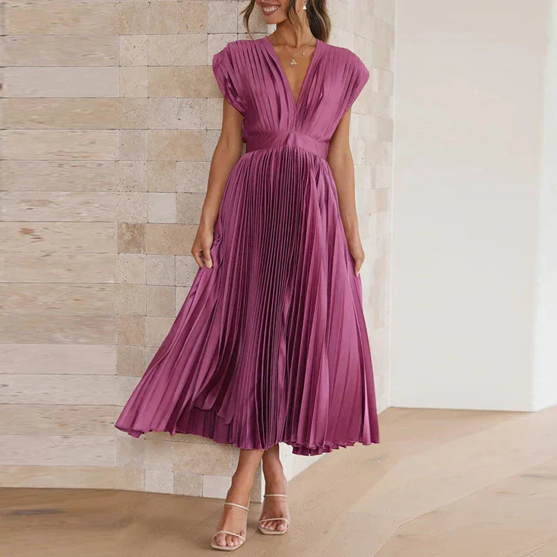 Damen Elegant Ärmellos Plissiert Maxikleid