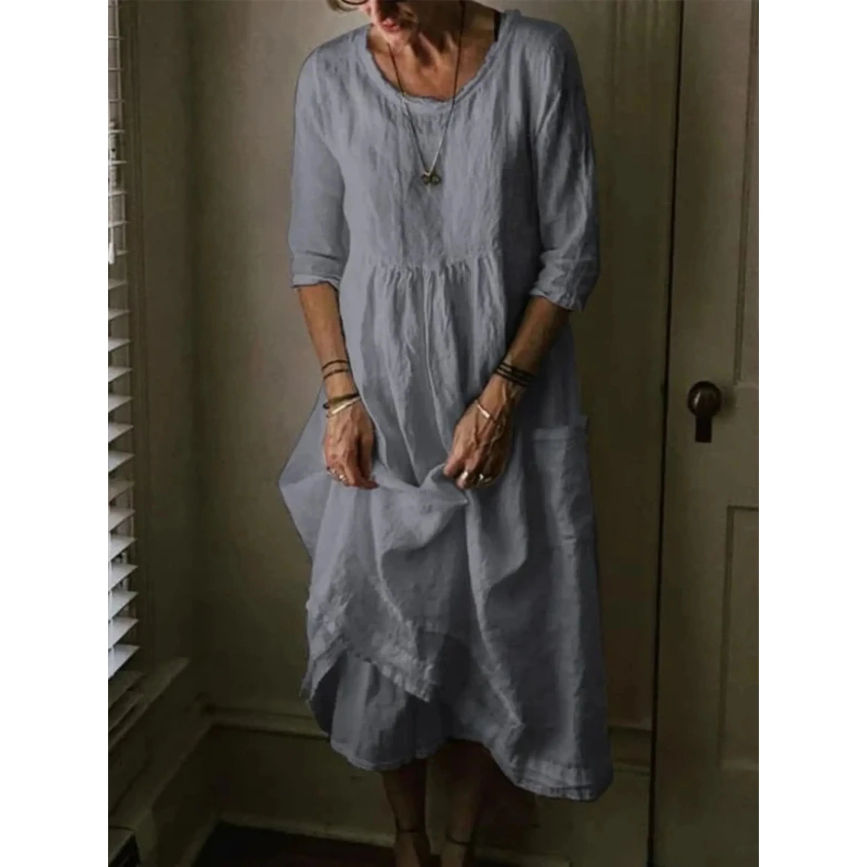 Damen Sommer Mehrlagig Leinen Midikleid