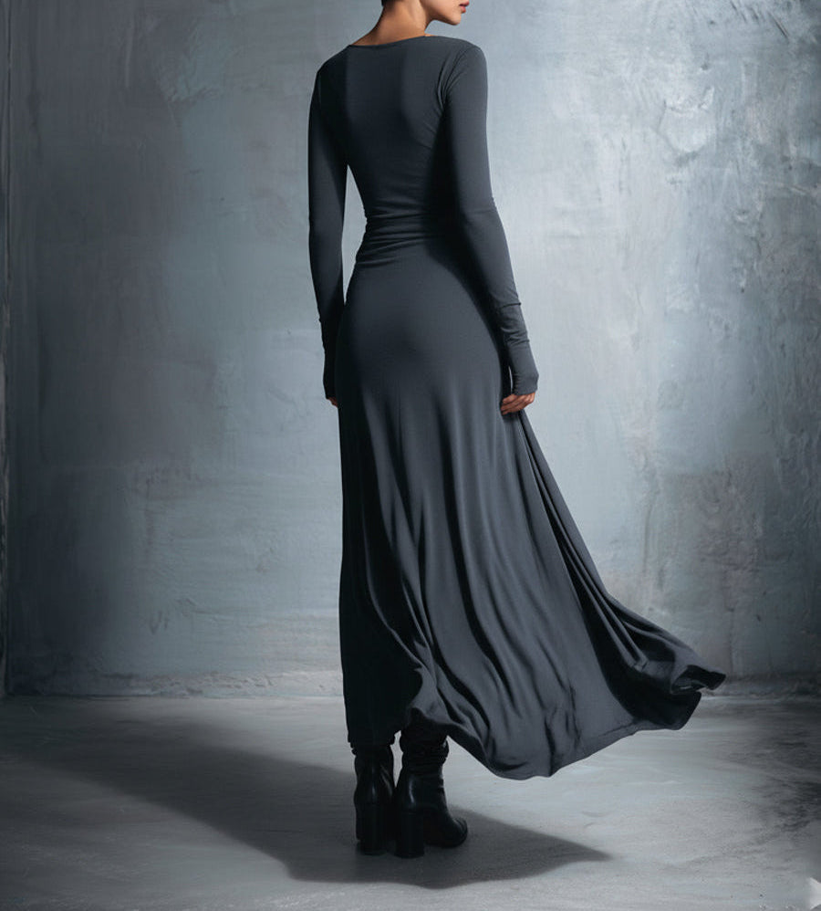 Damen Lässig Langarm Drapiertes Maxikleid