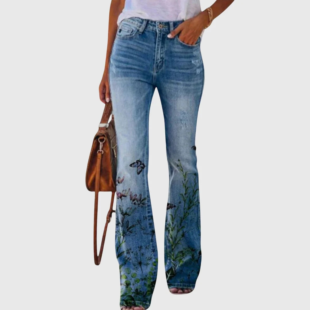 Damen Lässig Blumenmunster Enge Jeans Hose