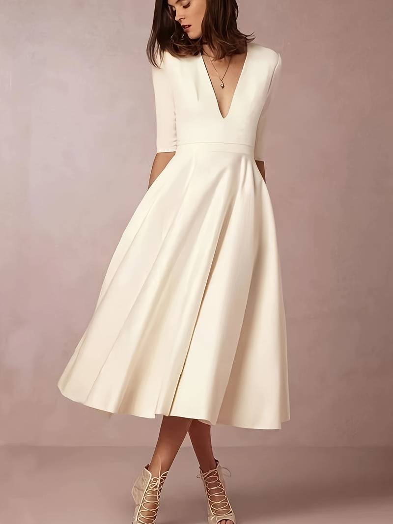Damen Elegante V-Ausschnitt Hochzeitsgast Midikleid