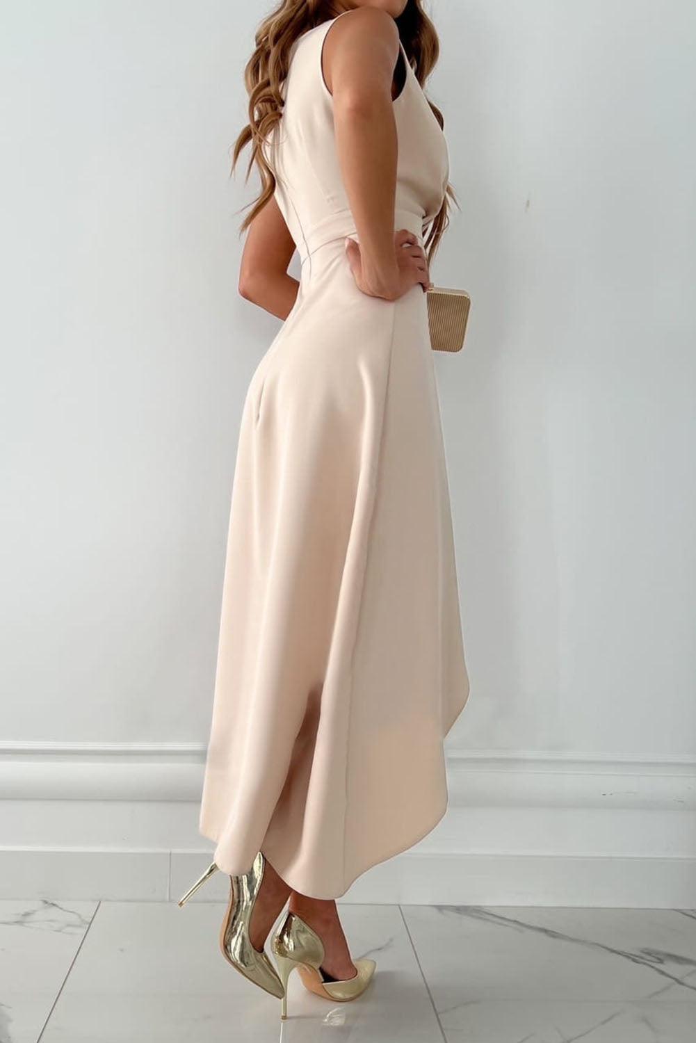 Damen Eleganter V-Ausschnitt Asymmetrischer Midi Hochzeitsgastkleid