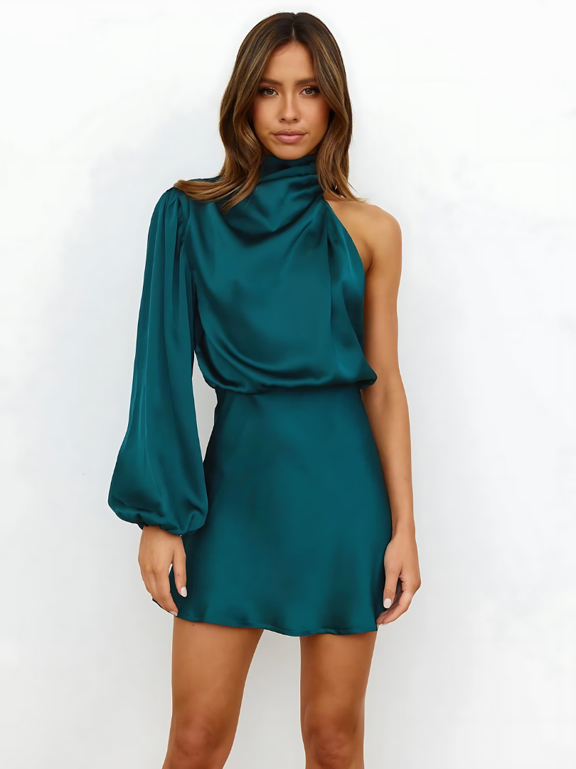 Damen Lässig One Shoulder Drapiert Satin Midikleid