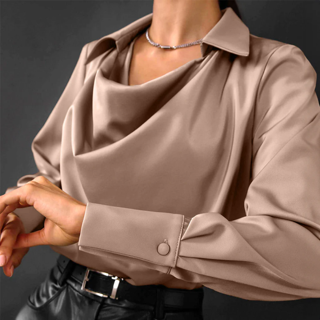 Damen Drapierter Langarm Satin Bluse