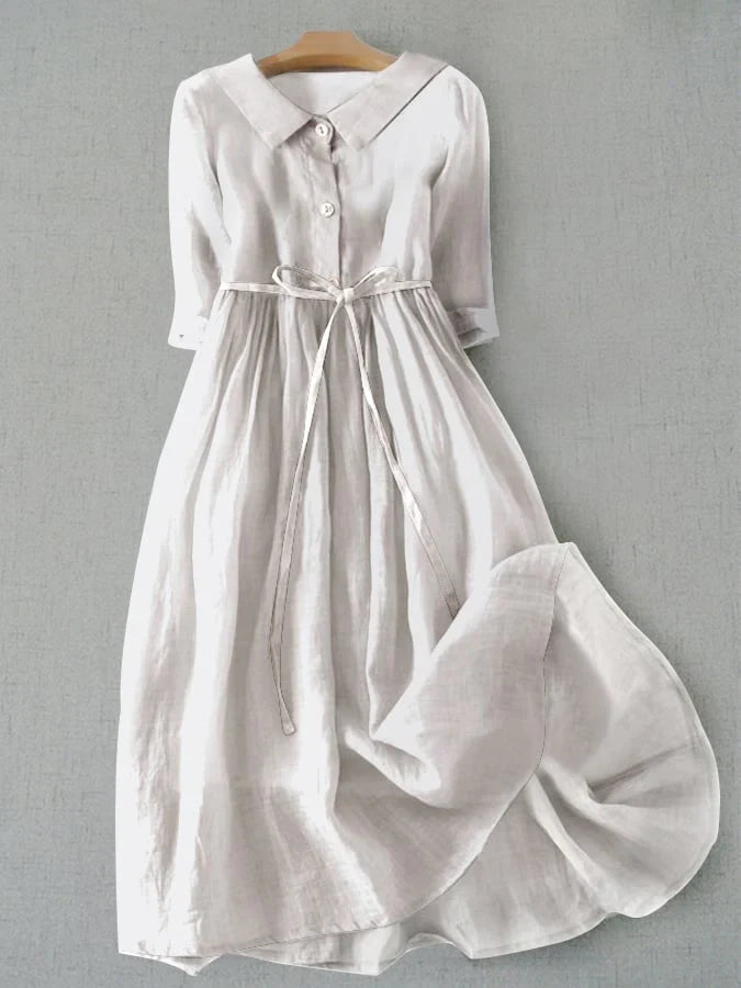 Damen Sommer Knopfleiste Leinen Midikleid