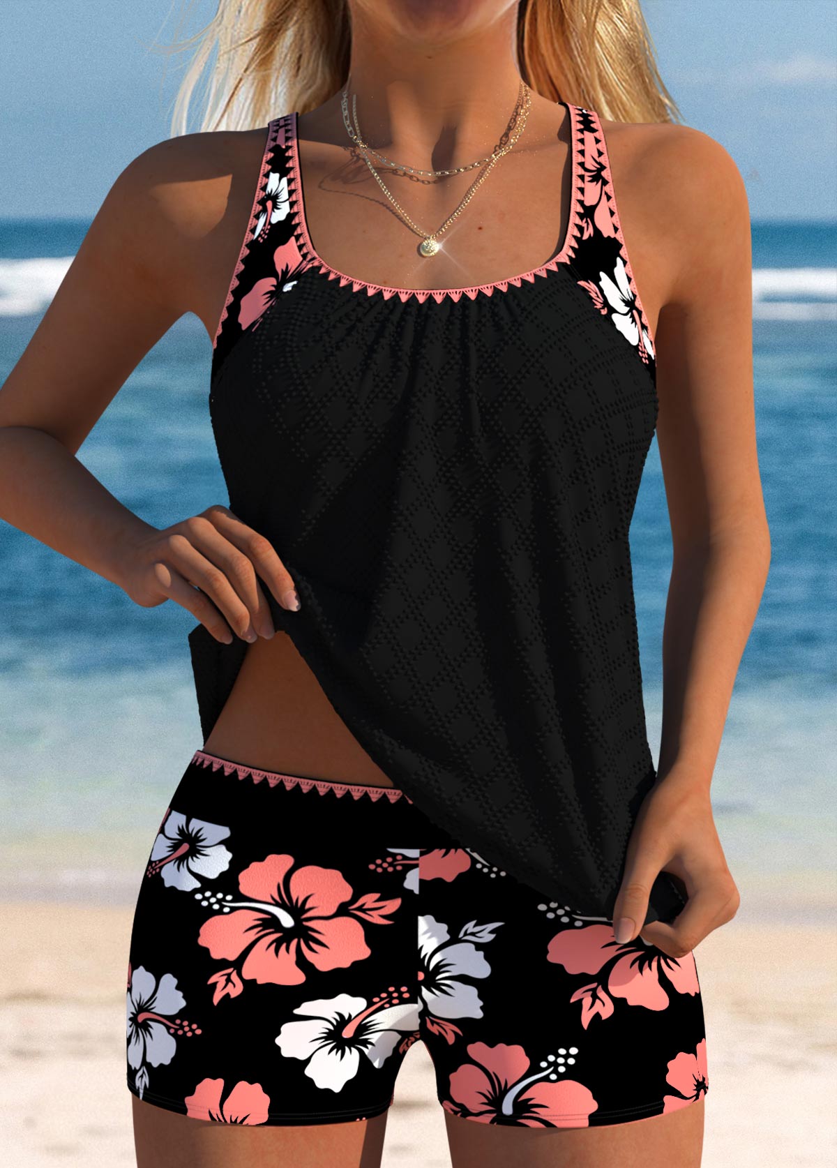 Damen Sommer Rundhals Tankini Badeanzug