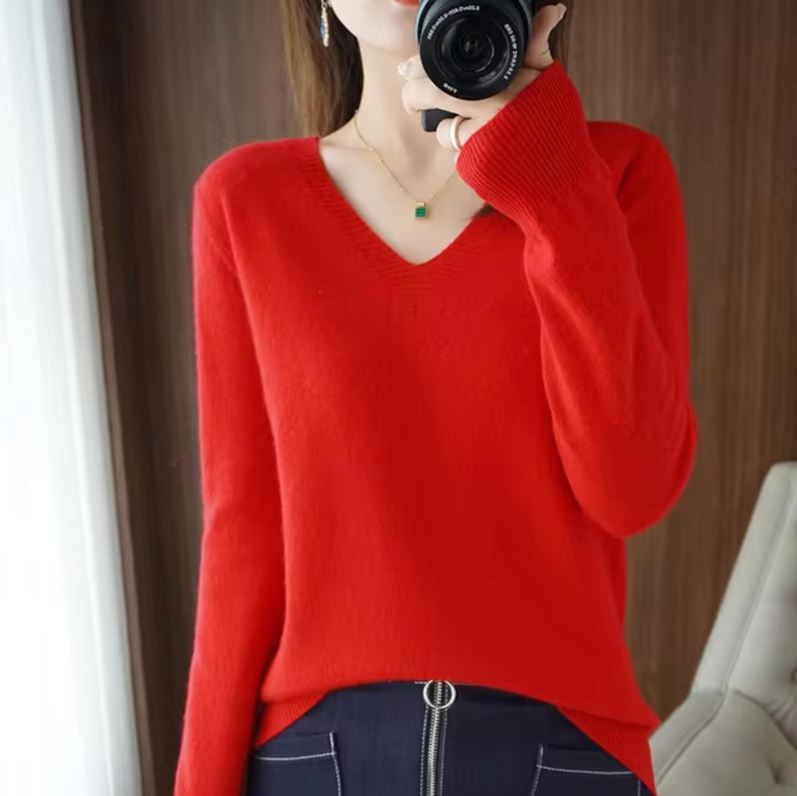 Damen V Ausschnitt Rippbündchen Strickpullover