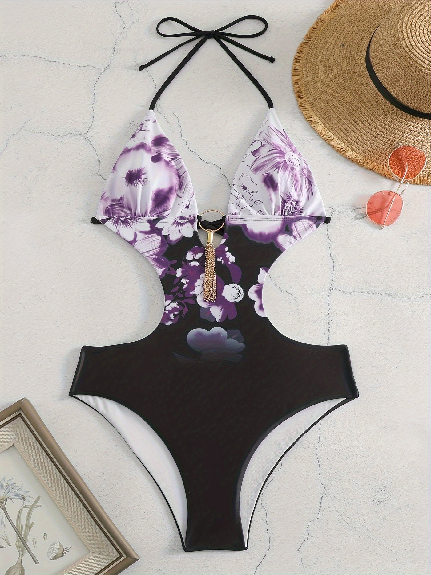Damen Sommer Halter Cut-Out Monokini Badeanzug