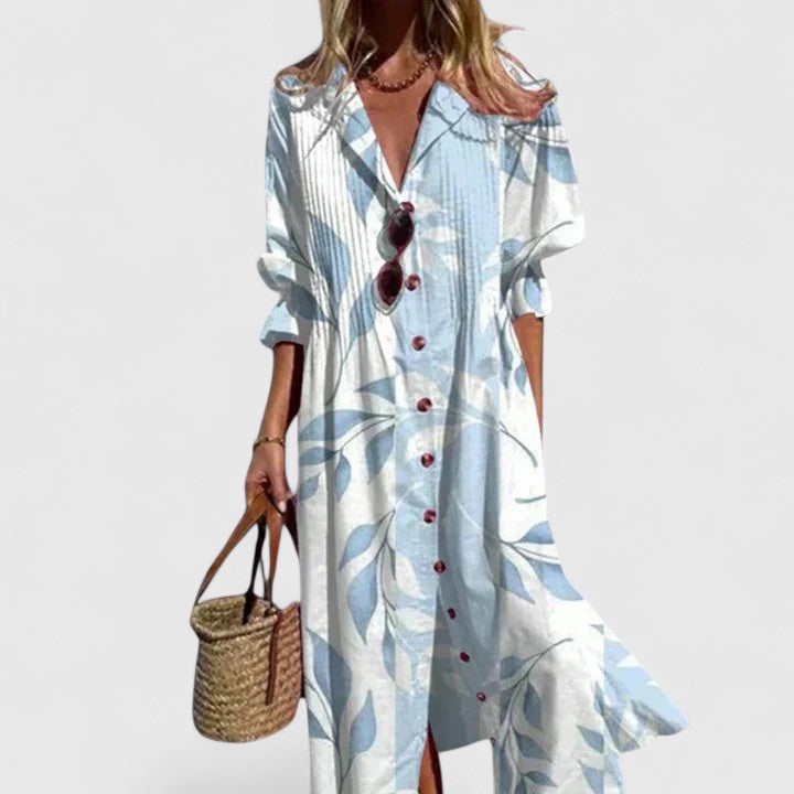 Damen Knopfleiste V-Ausschnitt Sommer Boho Midikleid