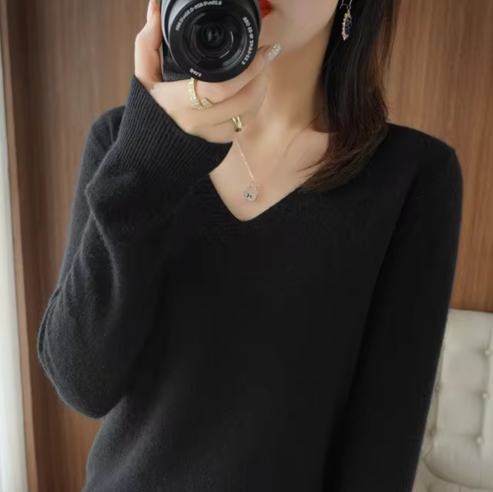 Damen V Ausschnitt Rippbündchen Strickpullover