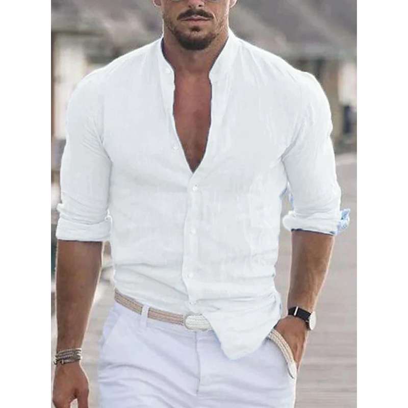 Herren Stehkragen Slim Fit Sommer Hemd