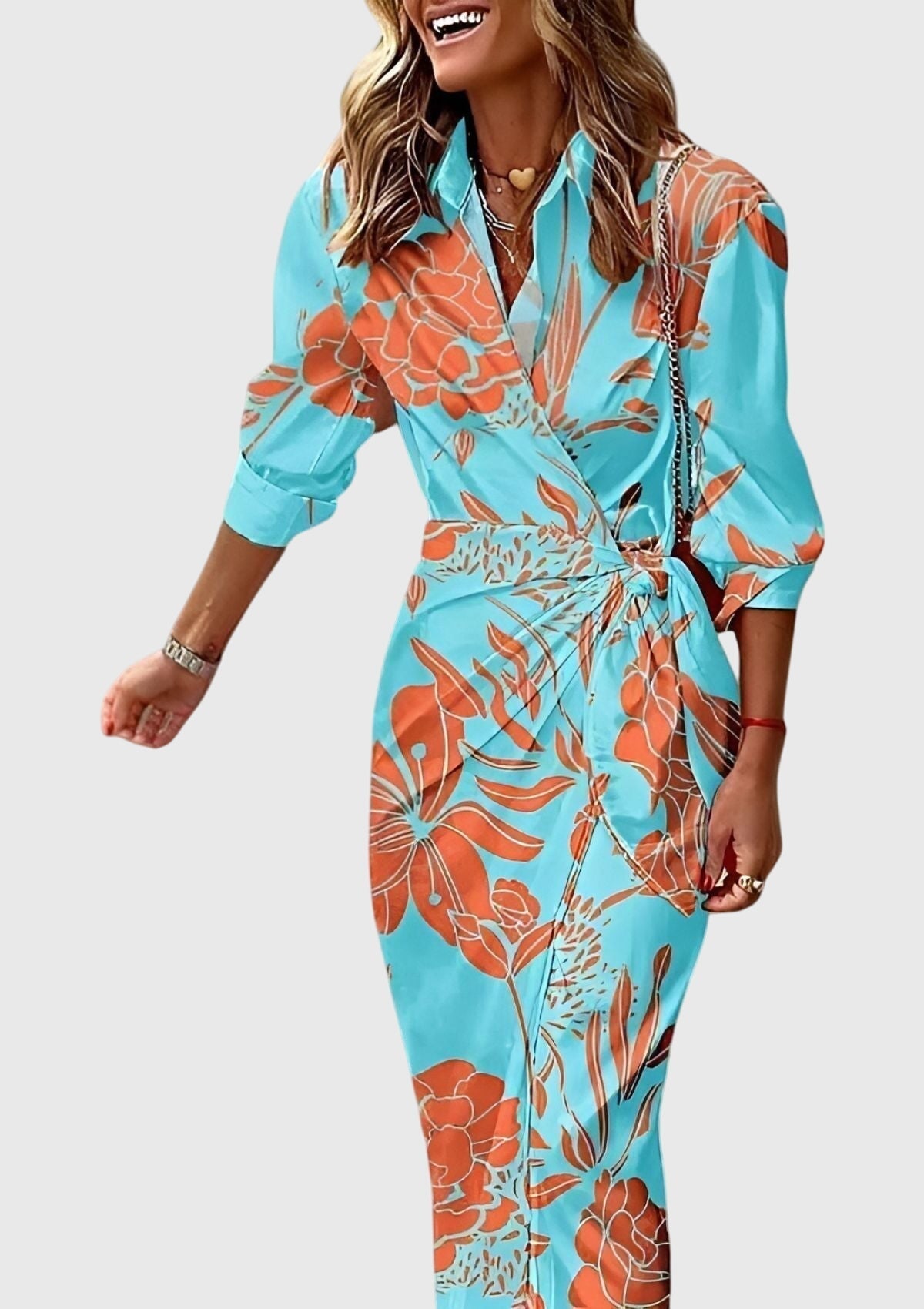 Damen Sommer Wickel Maxikleid mit Bindegürtel