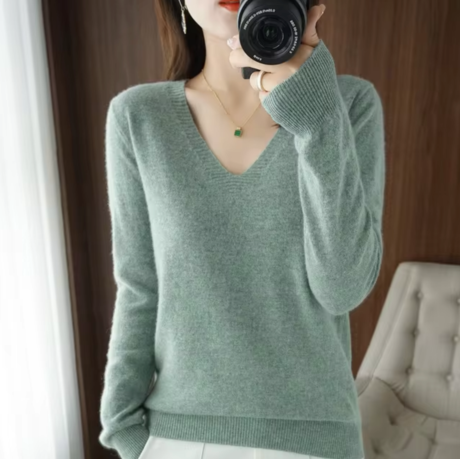 Damen V Ausschnitt Rippbündchen Strickpullover