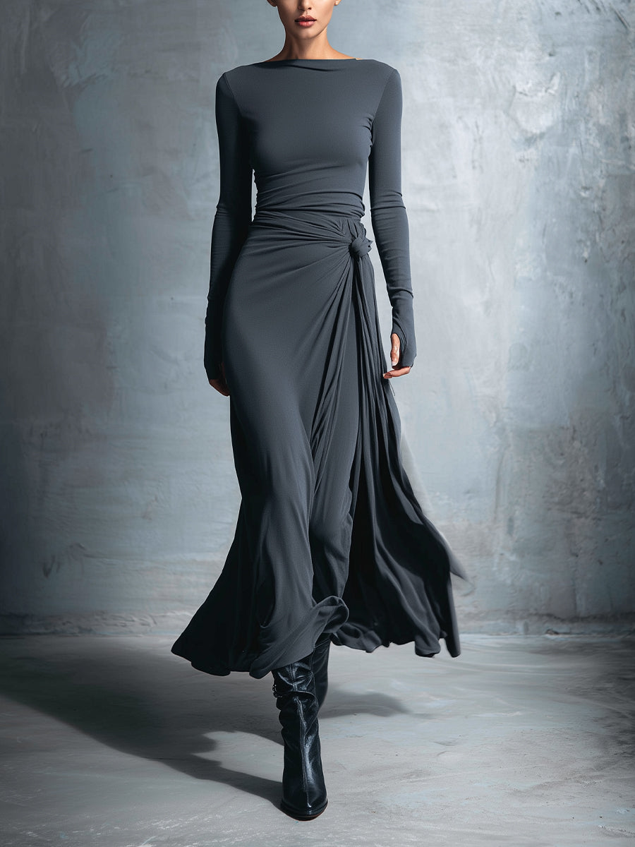 Damen Lässig Langarm Drapiertes Maxikleid