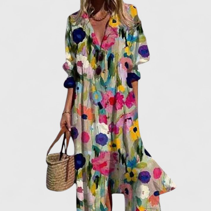 Damen Knopfleiste V-Ausschnitt Sommer Boho Midikleid