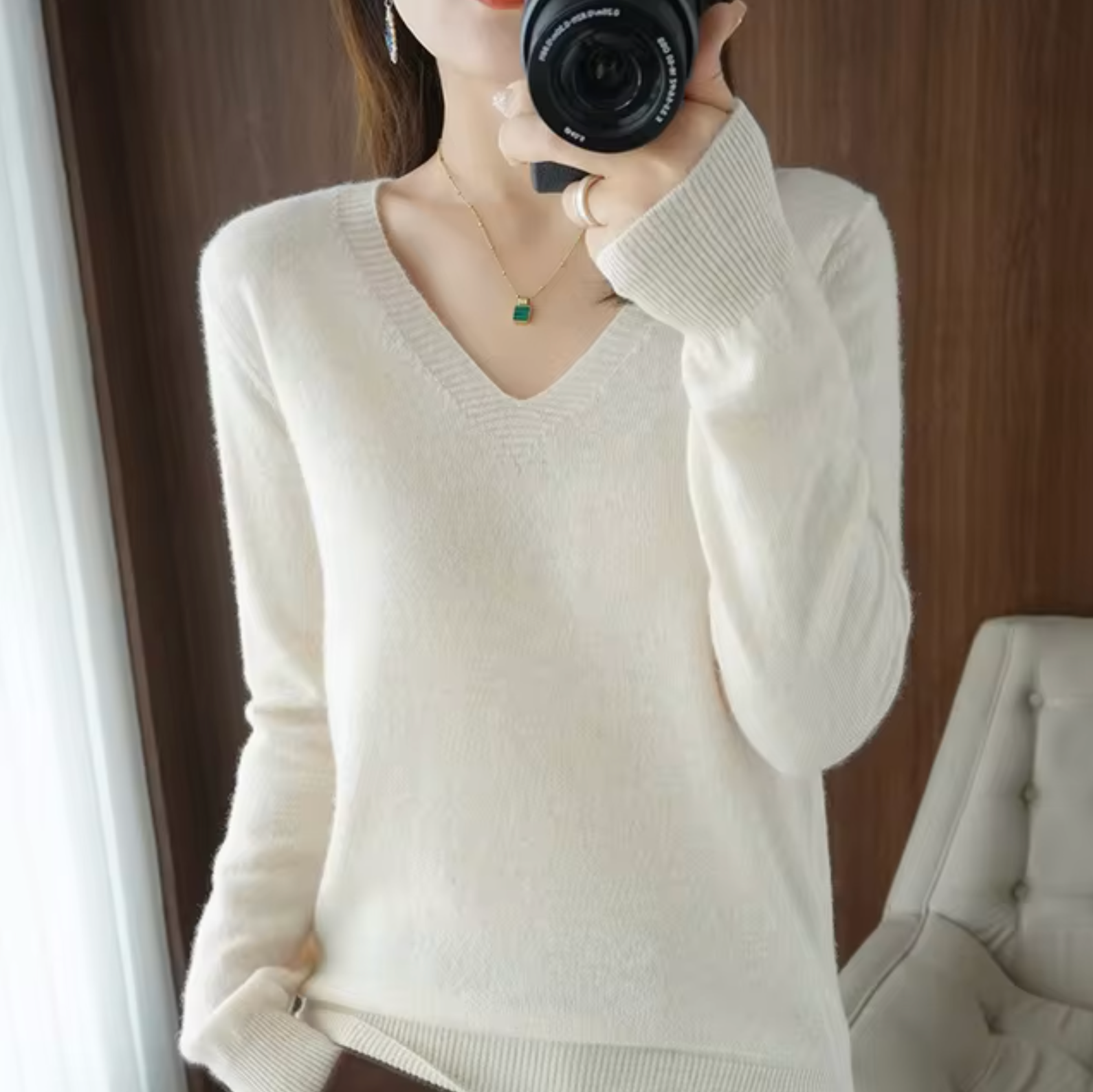Damen V Ausschnitt Rippbündchen Strickpullover