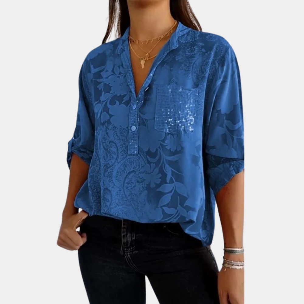 Damen Gemusterte Halblange V-Ausschnitt Bluse