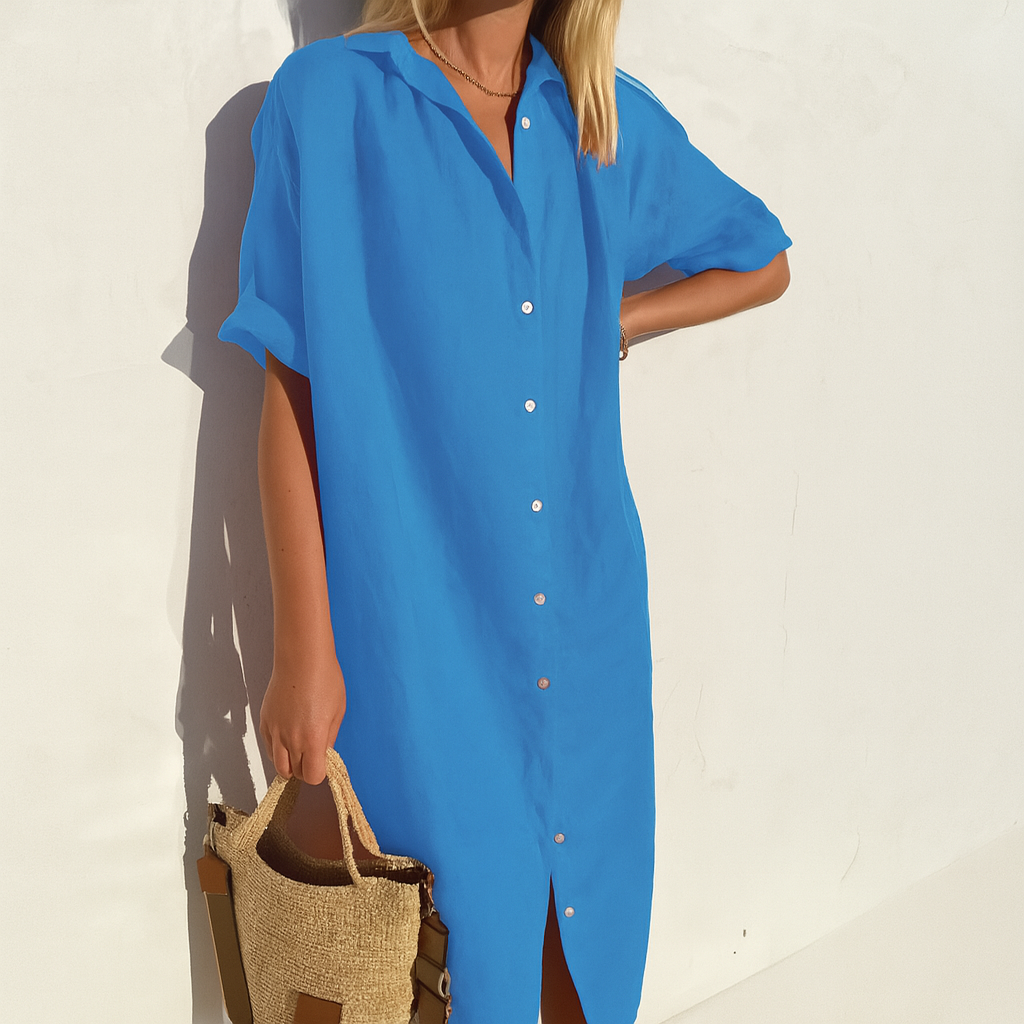 Damen Elegant Hemdkragen Strand Blusenkleid