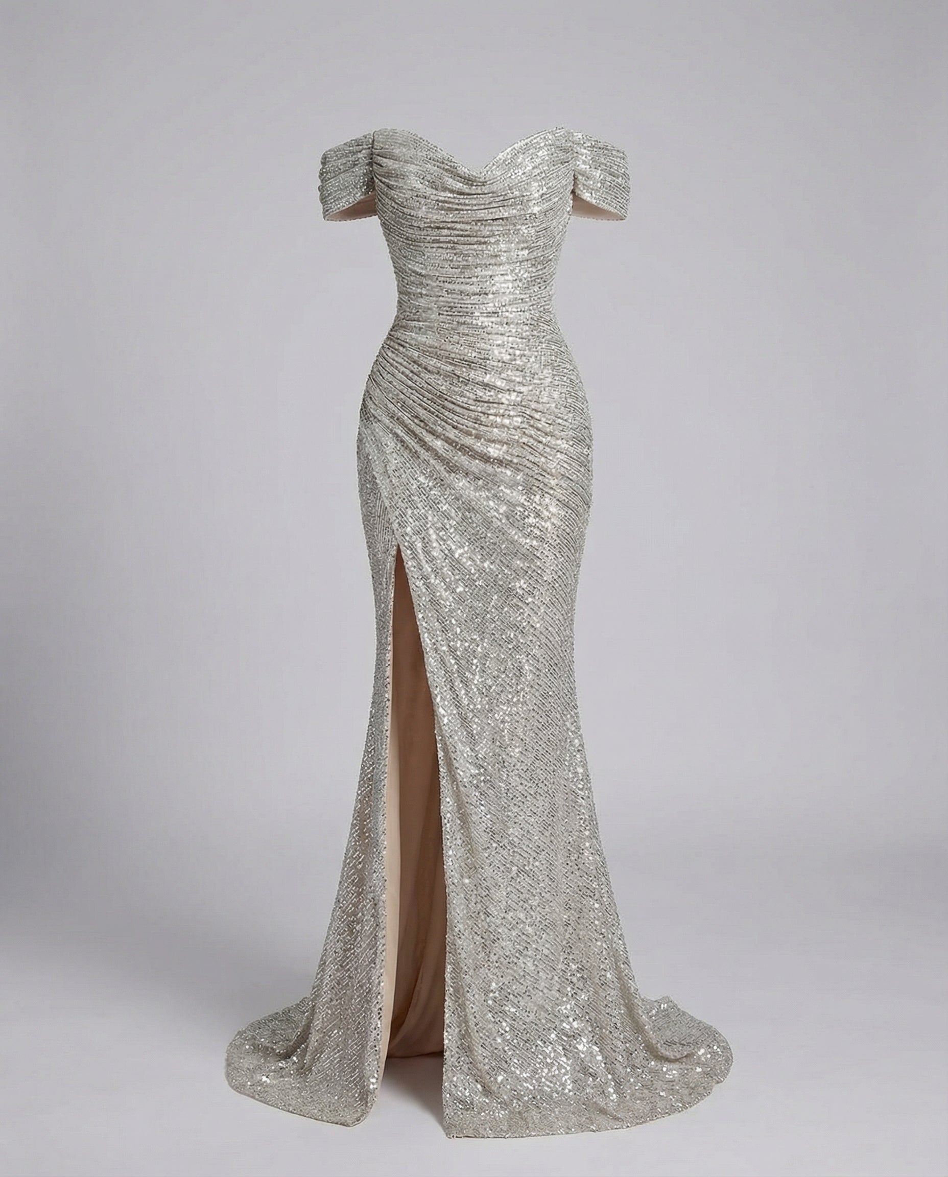 Damen Abendkleid Maxikleid schulterfrei mit Schlitz für Hochzeit