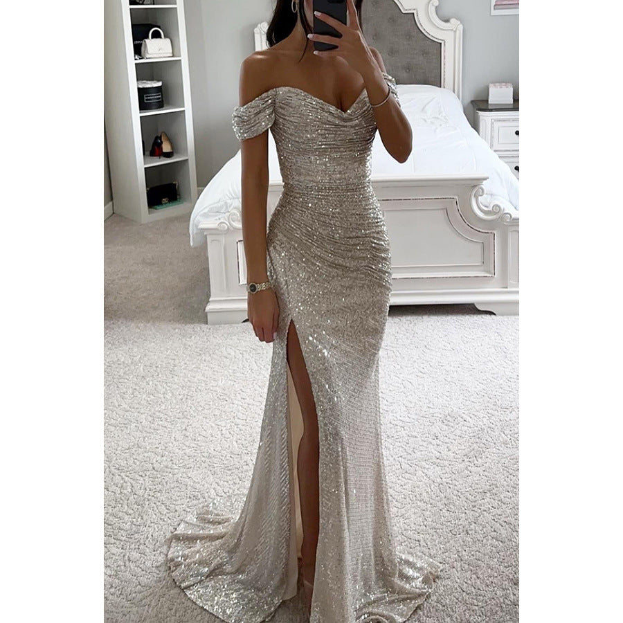 Damen Abendkleid Maxikleid schulterfrei mit Schlitz für Hochzeit