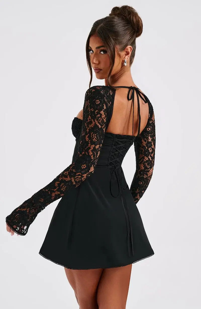 Damen Mini Hochzeitsgast Kleid mit Lange Spitzenärmel