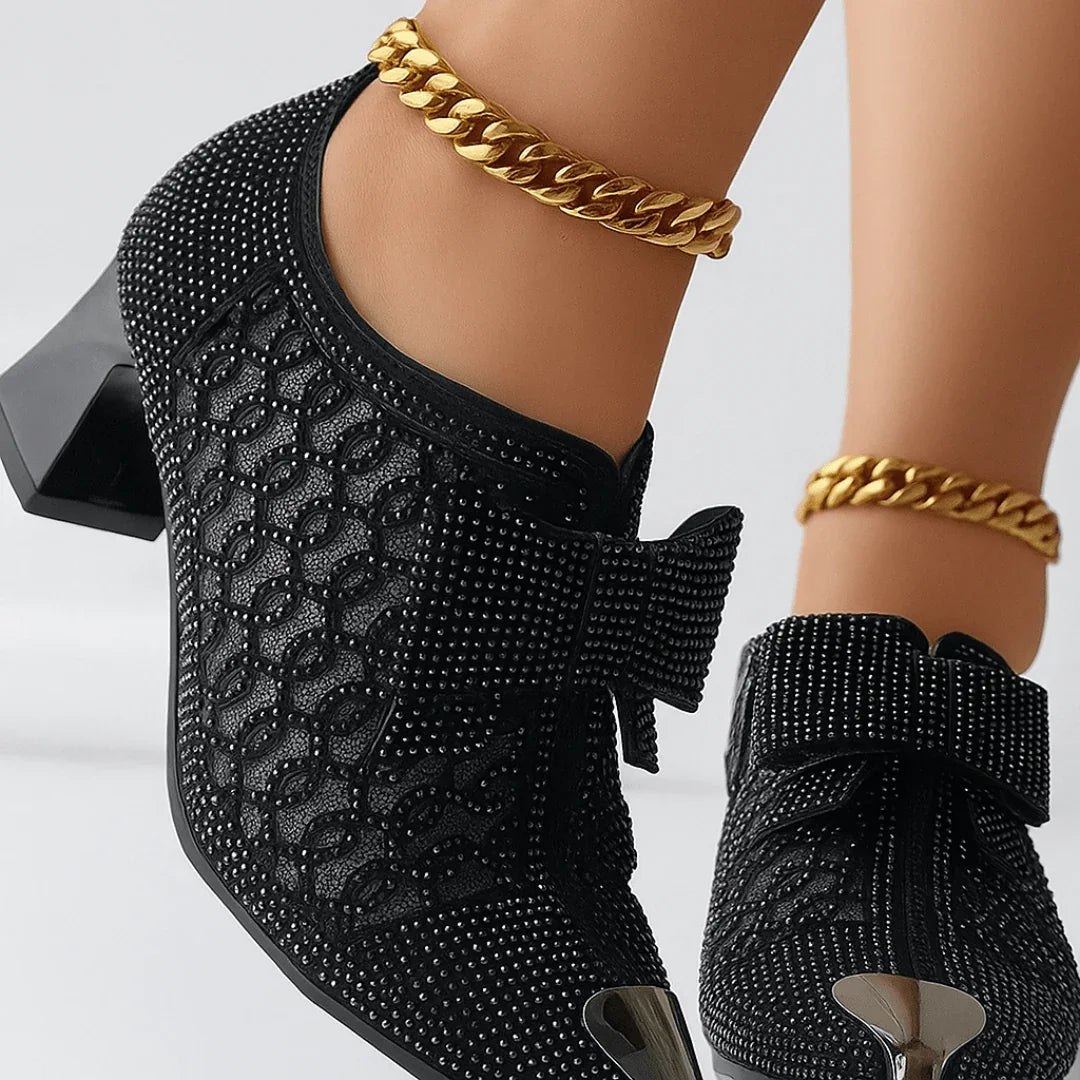 Damen Pumps mit Blockabsatz Schleife und Strass 6cm Absatz