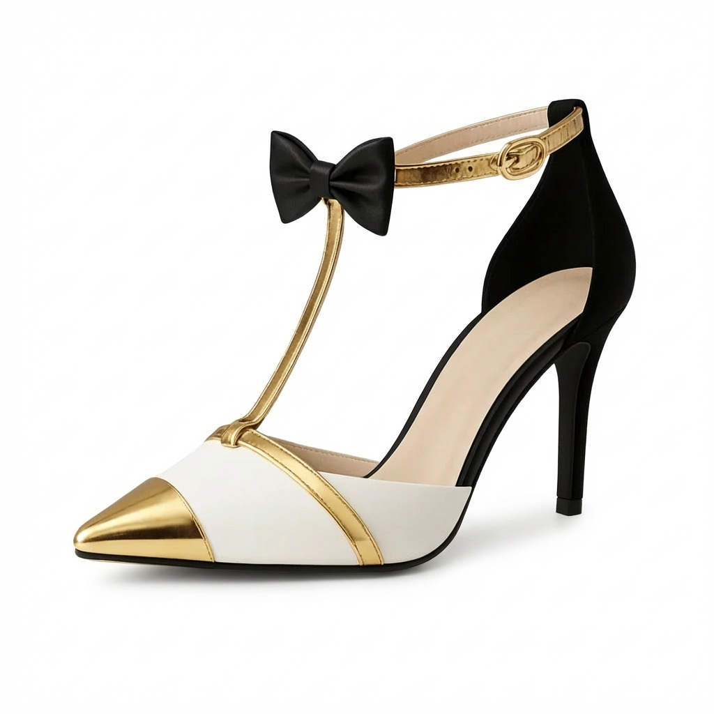 Damen Pumps mit Stiletto-Absatz Schleife und T-Riemen