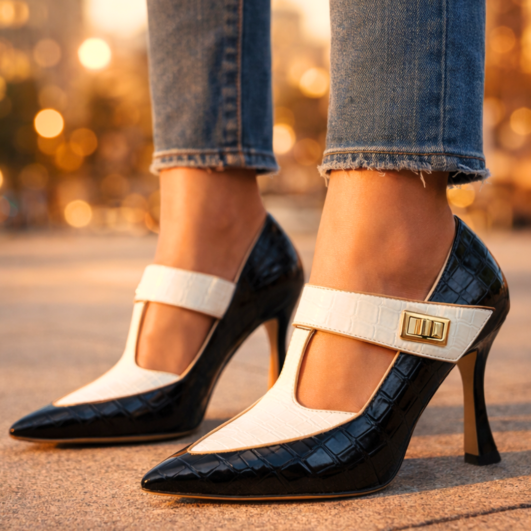 Damen Pumps mit spitzer Zehenkappe und T-Riemen 8cm Absatz