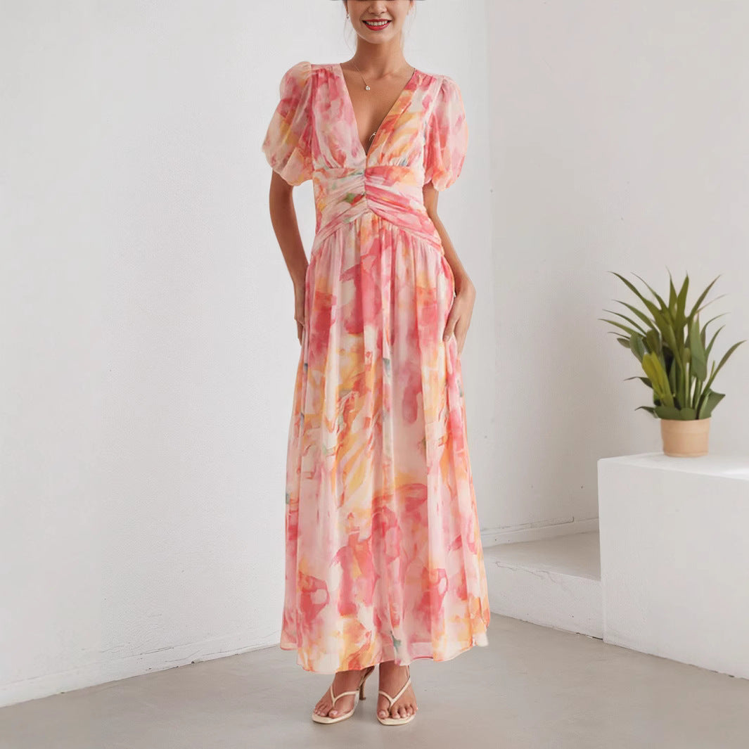 Damen Wickel-Maxikleid mit Puffärmeln und femininem Schnitt