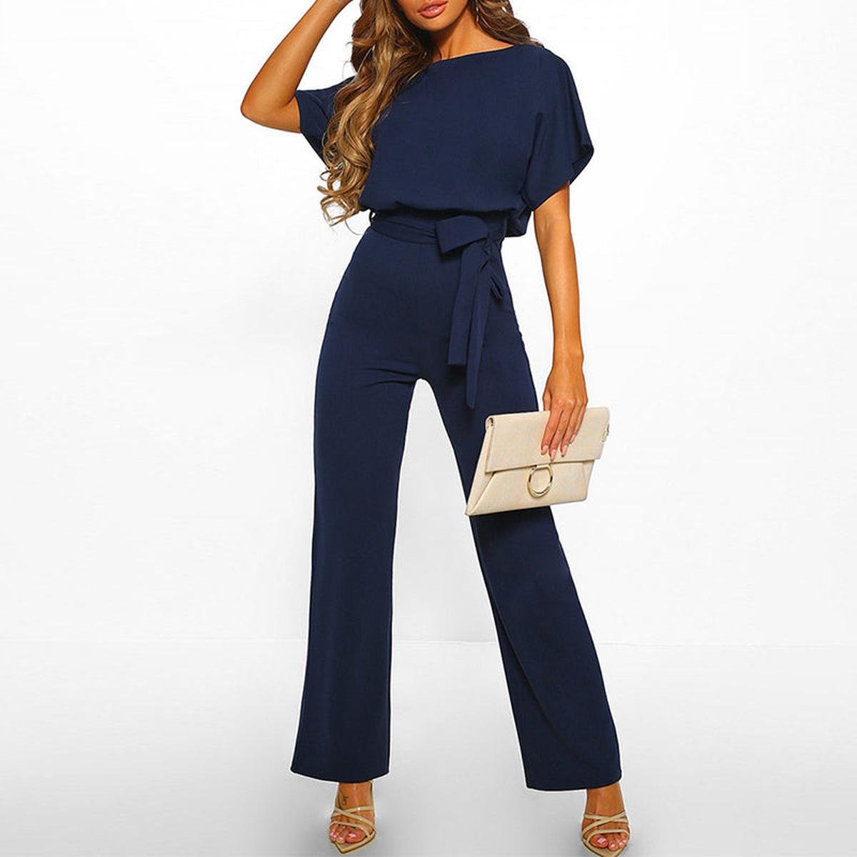 Damen Lässiger Kurzarm-Jumpsuit mit Gürtel und weitem Bein