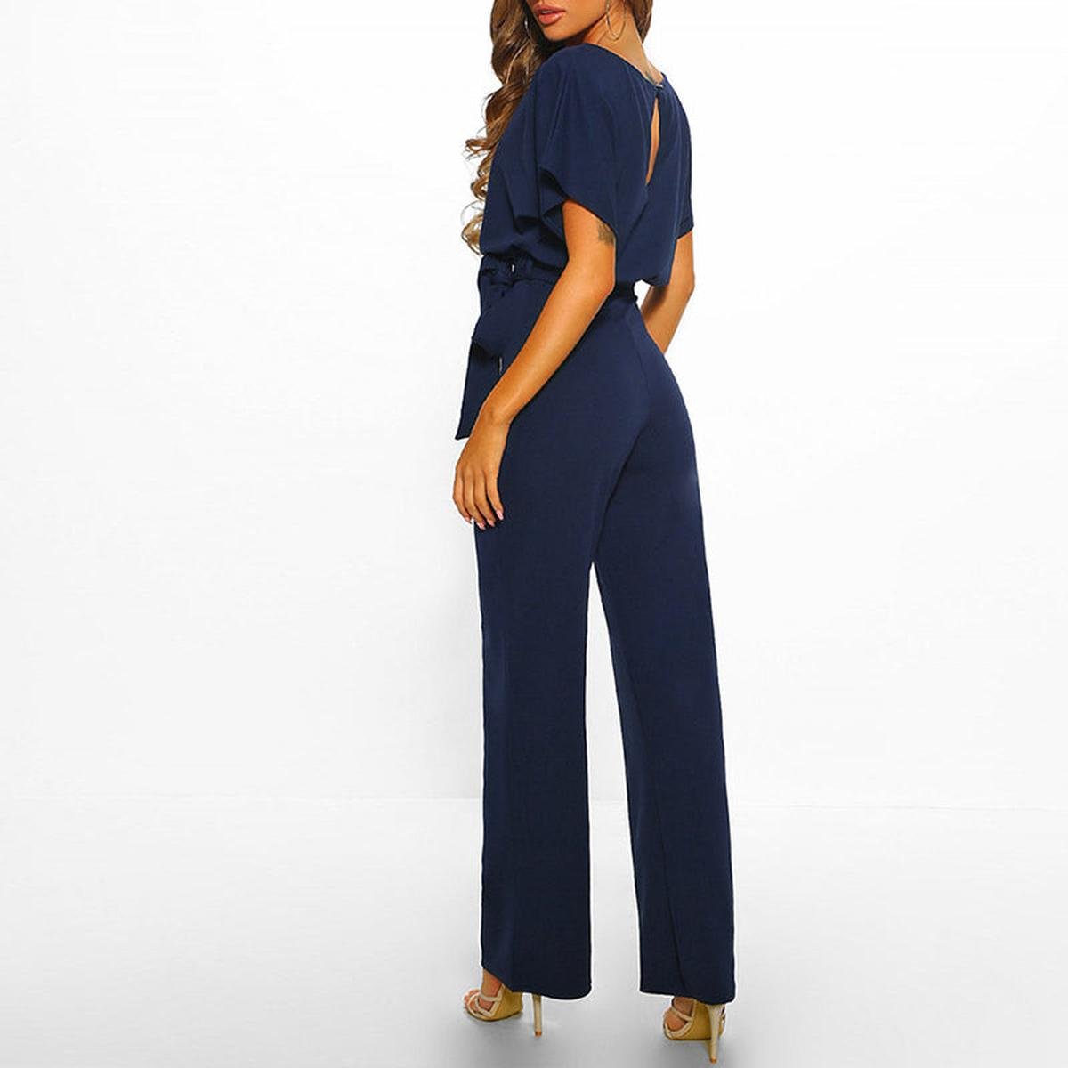 Damen Lässiger Kurzarm-Jumpsuit mit Gürtel und weitem Bein